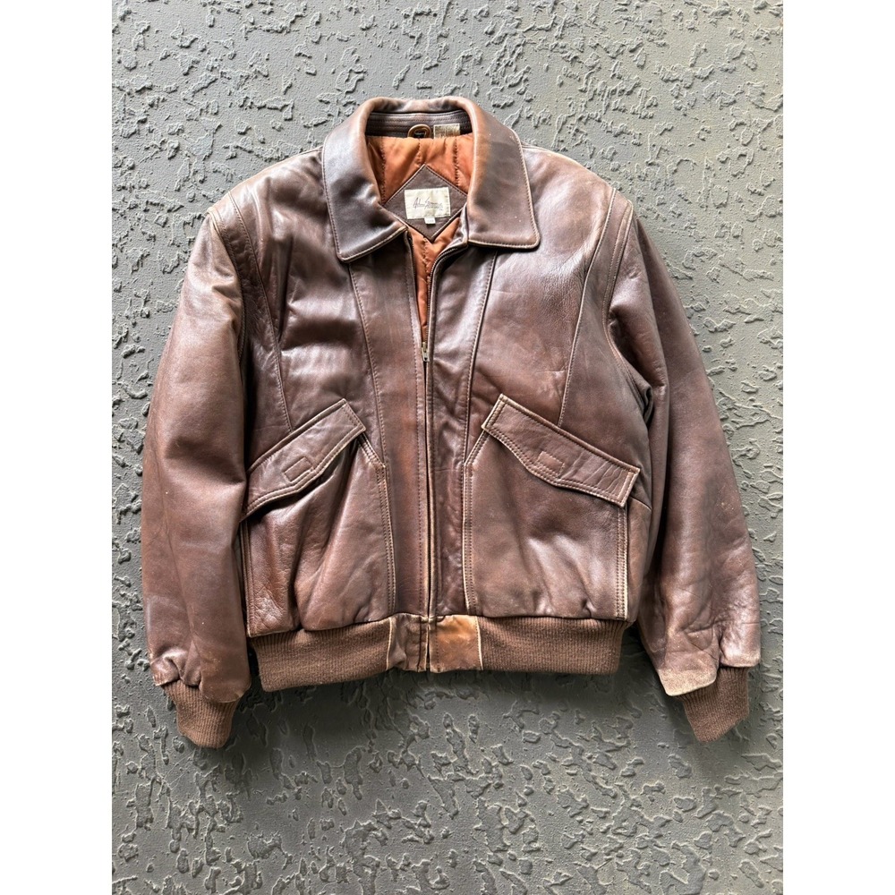 Vintage Adam Spencer Brown Leather Bomber Jacket 44R Distressed 90s